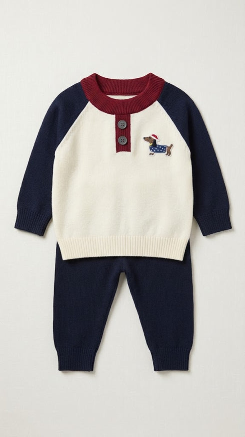 Woolen Navy and White Snoopy Baby Boys Dresses Sweater Trouser Set 0-24M