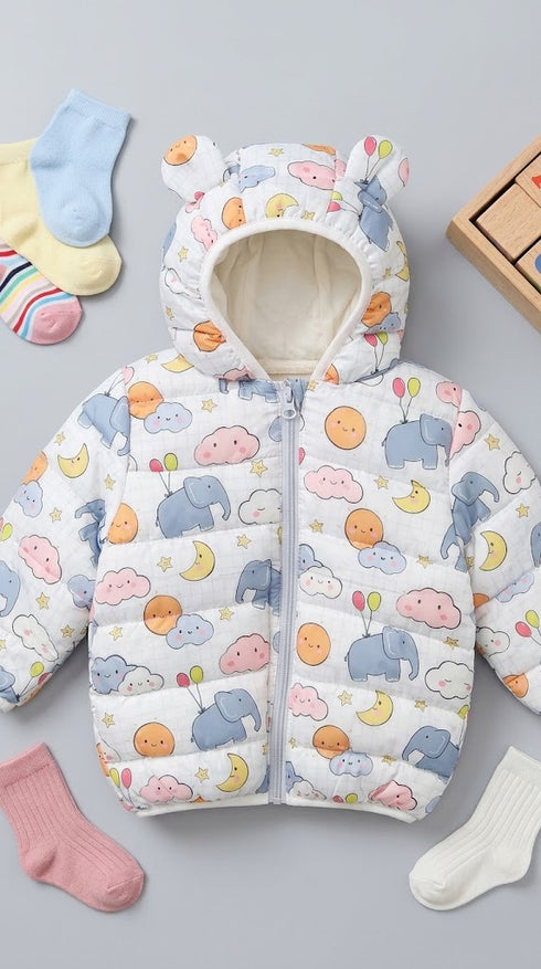 Blue Elephant Print Puffer Jacket