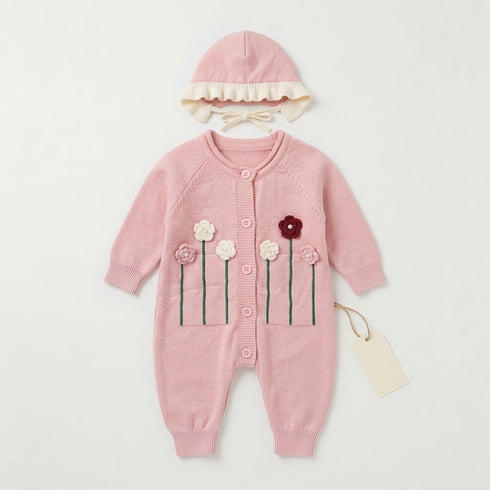 Woolen Baby Girls Romper with Matching Cap Pink Floral 0–18 Months