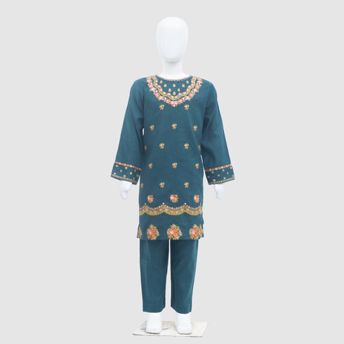 Floral Embroided Green Festive Eastern Wear Girls Shalwar Kameez Suit 16038