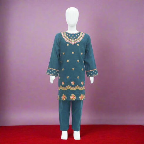 Floral Embroided Green Festive Eastern Wear Girls Shalwar Kameez Suit 16038