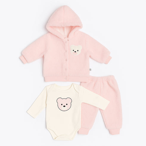 Infants 3Pc Suit Puffer Hoodie With Cotton Bodysuit & Trouser For Winter Set 17182