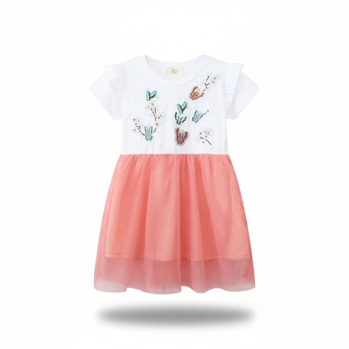 Baby Adorable Floral Embroided Girls' Hot Summer Little Princess Frilled Cotton Net Frock 15634