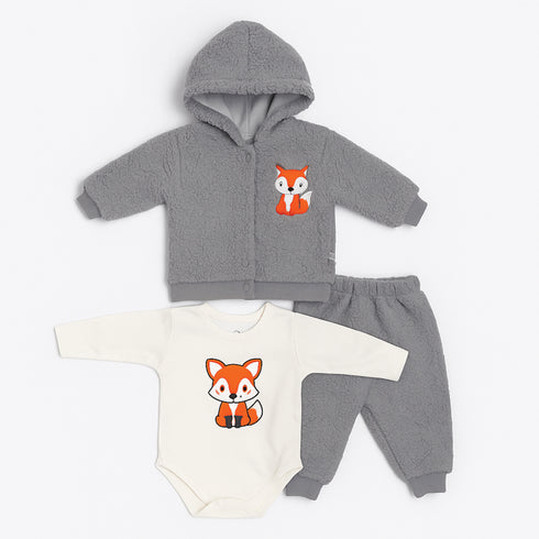 Infants 3Pc Suit Puffer Hoodie With Cotton Bodysuit & Trouser For Winter Set Unisex 17182