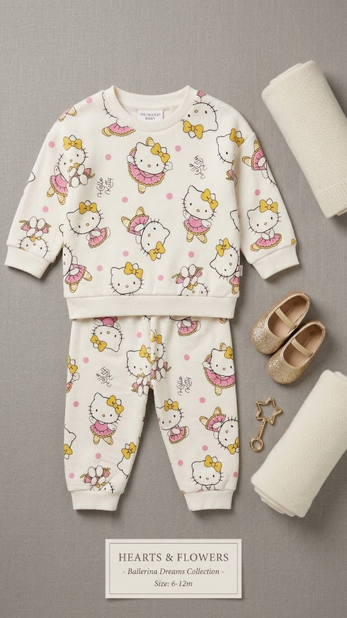 Girls White Kitty Fleece Tracksuit for 2–8 Years