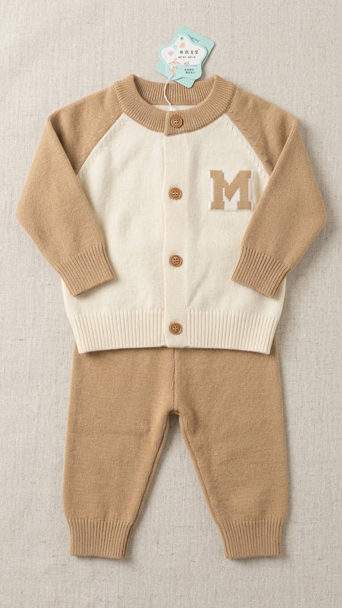 Woolen Beige and White Baby Boys Dresses Sweater and Trouser Set 0-24M