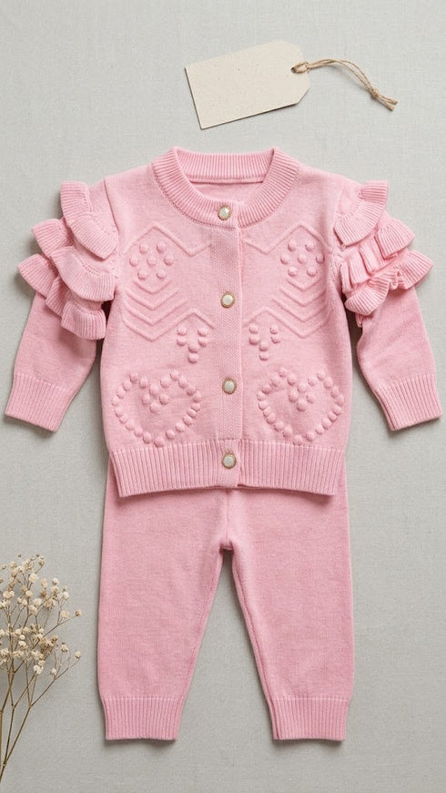 Woolen Baby Pink Heart Dotted Baby Girl Dresses Sweater Trouser Set 0-24M