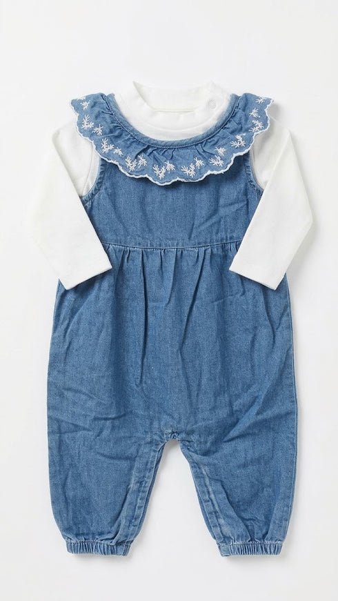 Blue White Cotton Baby Girl Dungaree Suit With Bodysuit 3–24 Months
