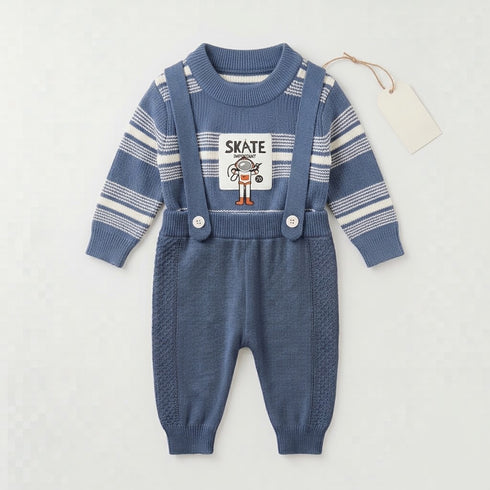 Woolen Baby Boys Dangri Set with Sweater Blue Skate Design 6–24 Months
