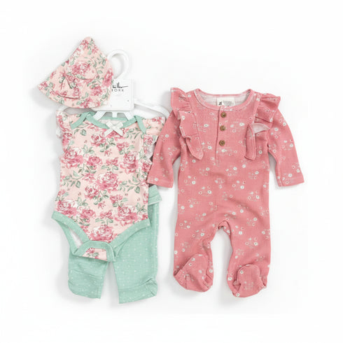 Baby Girls 4pc Suit Set Full Romper With Bodysuit Cap & Trouser 17452