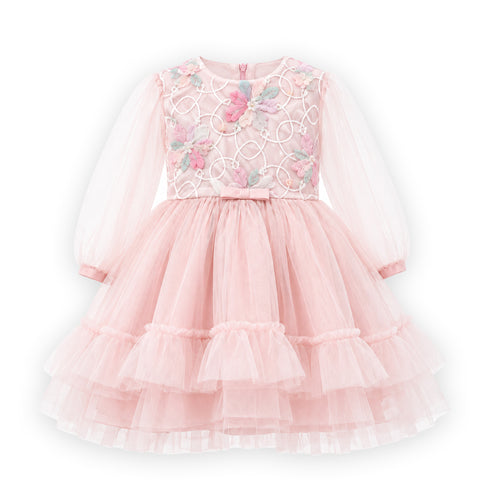Baby Girls Frilled Floral Embroided Party Wear Frock Long Sleeves 16819