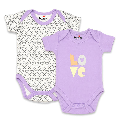 Basics Baby Body Suits Pack of 2 Purple White Love Hearts