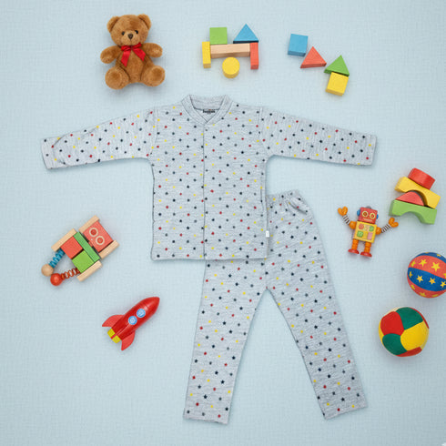 Basics Infants Night Suit -NB to 6Years Front Open Shirt With Trouser Stars 17482
