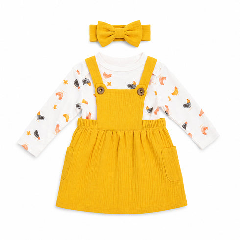 Baby Girls 3pc Suit Set Dangri Style Frock With Bodysuit & Headband 16823