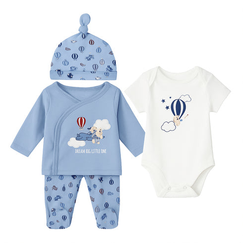 Infants 4Pc Suit Set Long Sleeves Shirt With Bodysuit Footed Trouser & Cap 16858
