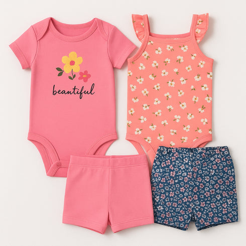 Baby Girls Summer Suit Set Pack Of 4 Bodysuits With Shorts 16331
