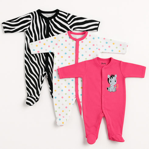Basics Romper Set Pack Of 3 Cozy Sleep suits 0-24M Baby Zebra 15555