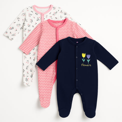 Basics Romper Set Pack Of 3 Cozy Sleep suits 0-24M Flowers 15555