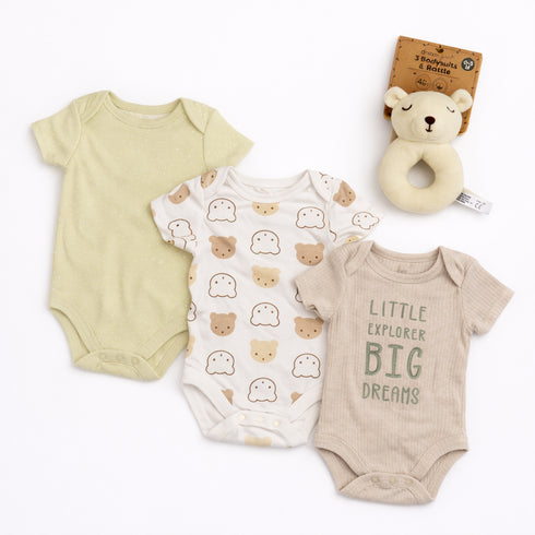 Dream Gro 3 Bodysuits & Rattle 4Pc Set