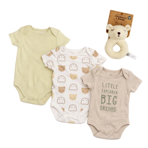 Dream Gro 3 Bodysuits & Rattle 4Pc Set