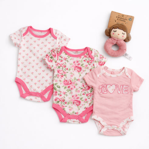 Dream Gro 3 Bodysuits & Rattle 4Pc Set