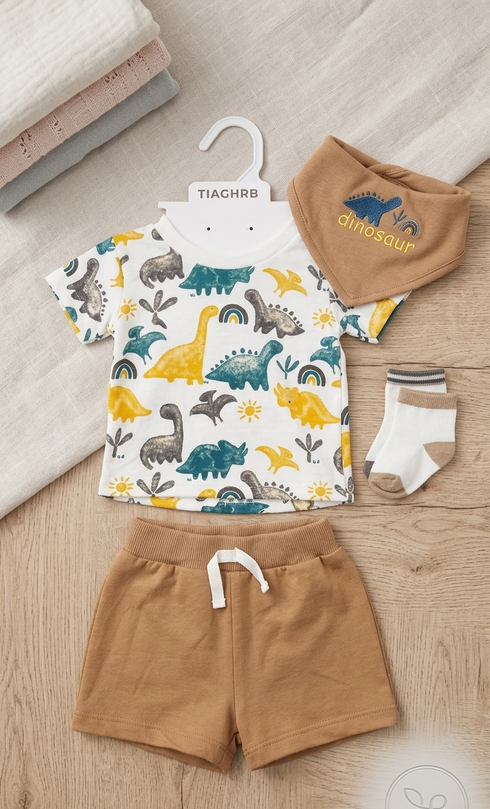 Baby Boys T-Shirt & Shorts Set with Bib & Socks Brown Dino Set