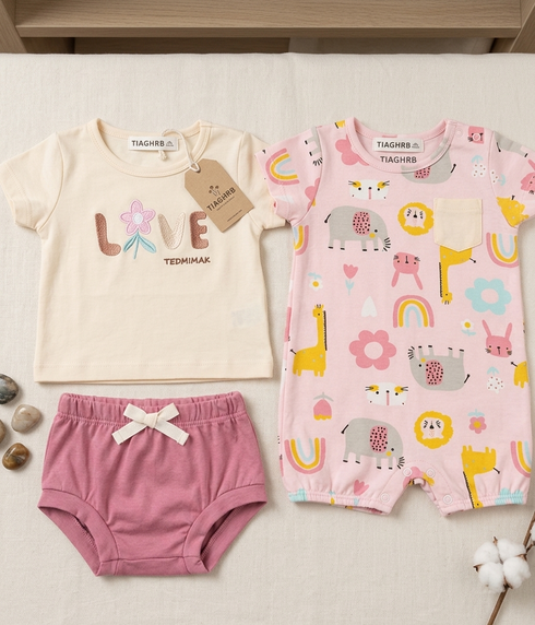 Baby Girls T-Shirt Onesie & Panty 3-Piece Set Cream Pink Love Set