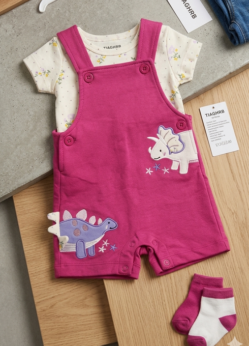 Baby Girls Dungaree Dress Set with T-Shirt & Socks Pink Dino Set