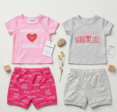 Baby Girls 2 T-Shirts & 2 Shorts Set Pink Grey Tiny Miracle Set
