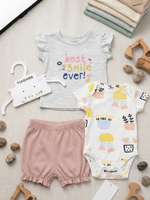 Baby Girls T-Shirt Bodysuit & Shorts Set Grey Peach Best Smile Ever Set