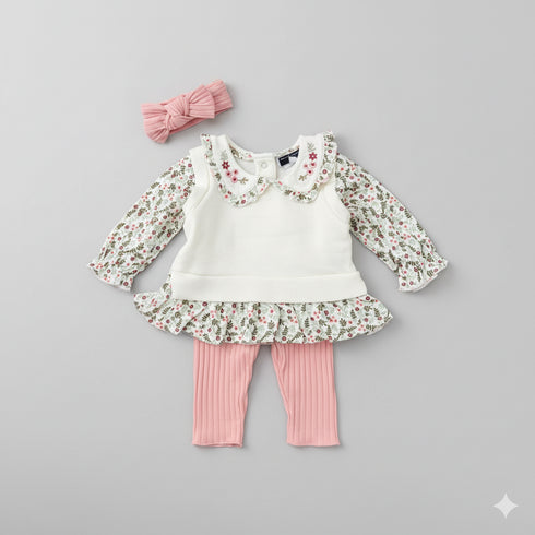 Baby Girls 3pc Suit Set Fancy Wear Top With Trouser & Headband 16856