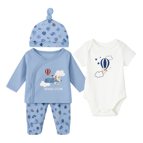 Infants 4Pc Suit Set Long Sleeves Shirt With Bodysuit Footed Trouser & Cap 17455