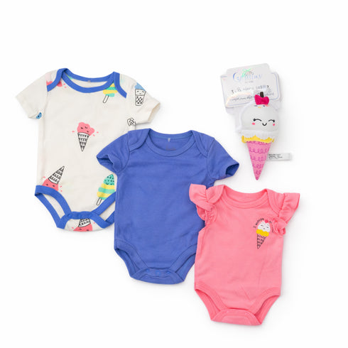 Infants Combo Baby 3 Bodysuits & Rattle 4Pc Set