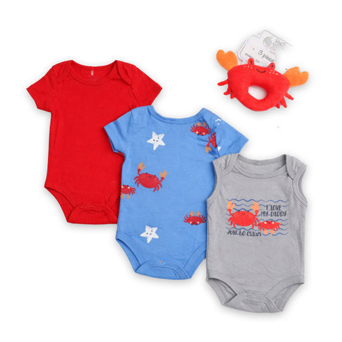 Infants Combo Baby Crab 3 Bodysuits & Rattle 4Pc Set