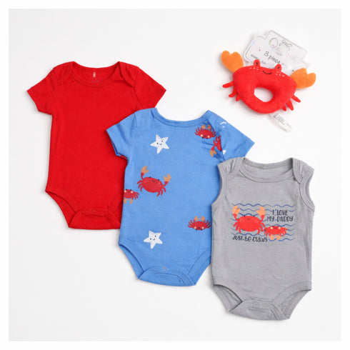 Infants Combo Baby Crab 3 Bodysuits & Rattle 4Pc Set