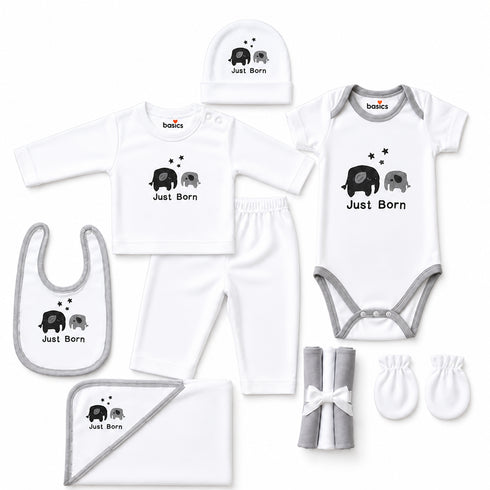 Pack of 10 Baby Starter Gift Set White Baby Elephant Embroidered