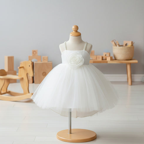 Party & Wedding Wear Silk Floral Bunch White Frock