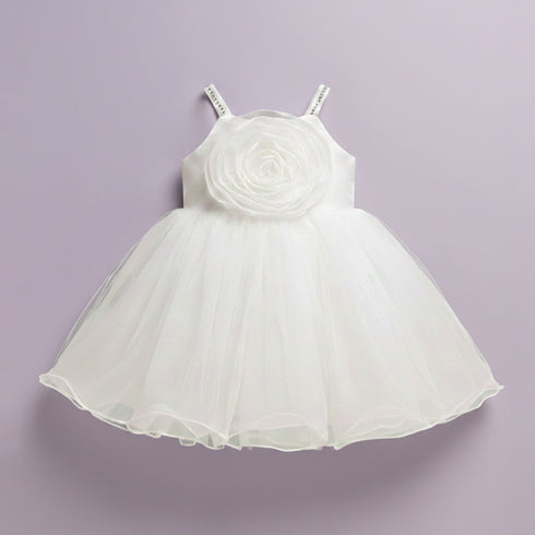 Party & Wedding Wear Silk Floral Bunch White Frock