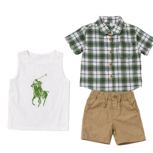 Toddlers 3Pc Suit Checks Shirt With Inner Sando & Shorts Set