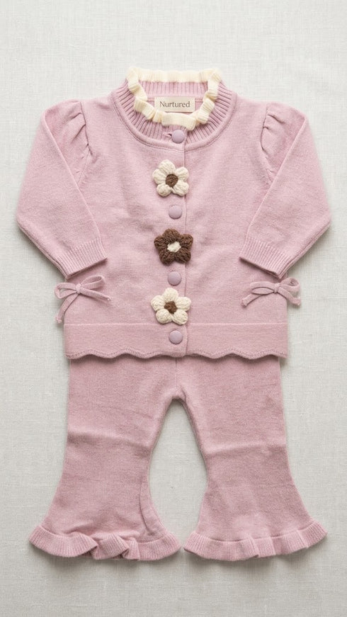 Woolen Tea Pink Floral Baby Girl Dresses Sweater and Trouser Set 0-24M