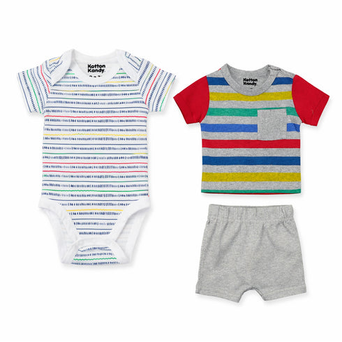 Baby 3Pc Combo Suit Set T Shirt Bodysuit & Shorts Grey Stripes