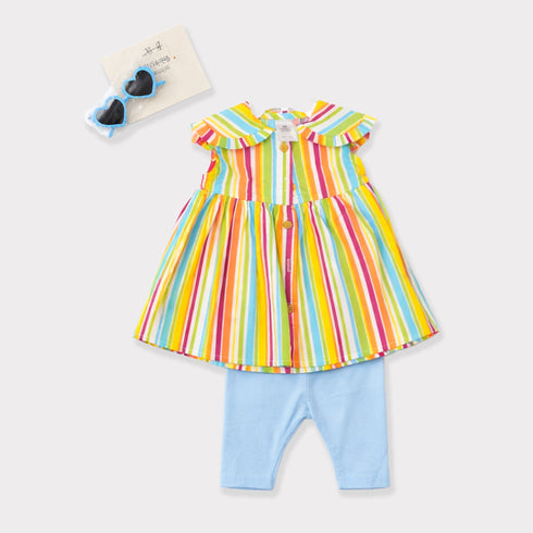 Baby 3Pc Combo Suit Set Multi Color Stripes Cotton Frock Tights & Sunglasses