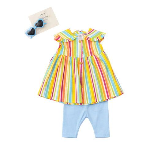 Baby 3Pc Combo Suit Set Multi Color Stripes Cotton Frock Tights & Sunglasses