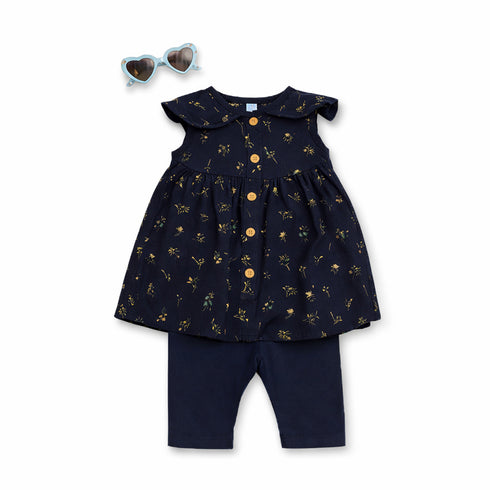 Baby 3Pc Combo Suit Set Navy Floral Print Cotton Frock Tights