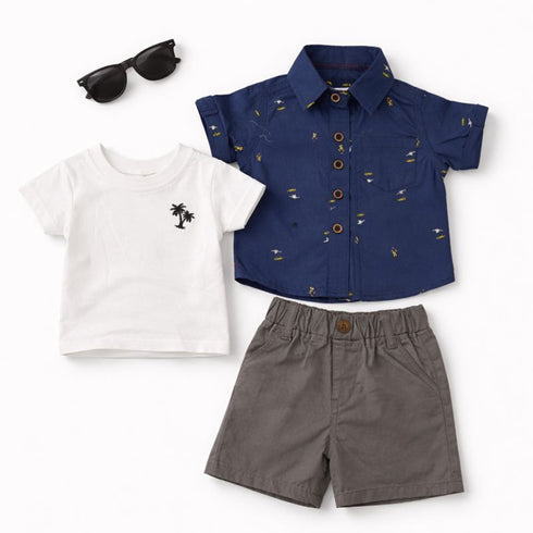 Baby Boy 3Pc Combo Suit Set Shirt T-Shirt & Shorts Hawaii