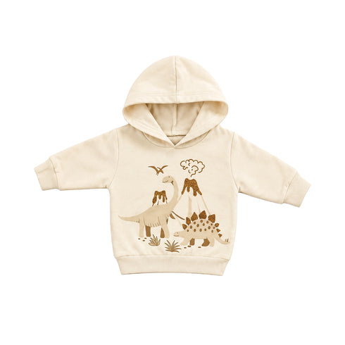Cotton Fleece Beige Baby Boy Suit Hoodie Bodysuit Trouser Set Dino