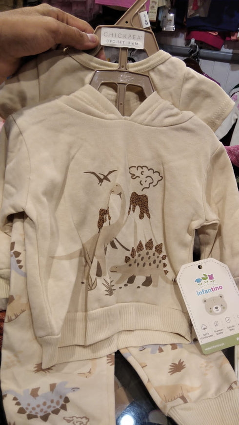 Cotton Fleece Beige Baby Boy Suit Hoodie Bodysuit Trouser Set Dino
