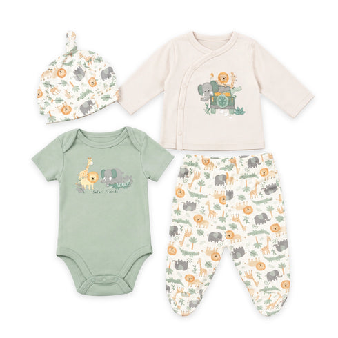 Cotton Baby Boy Suit Safari Set Shirt Feet Covered Trouser with Bodysuit & Cap 0-9M