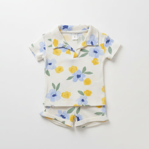 Baby Boys 2Pc Polo Shirt & Shorts Set White Flower Print