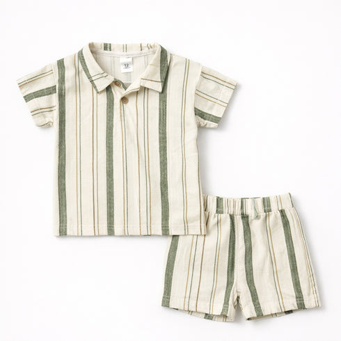 Baby Boys 2Pc Polo Shirt & Shorts Set White Green Stripes